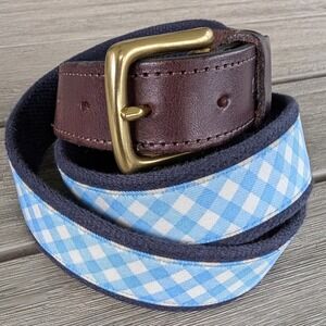 Vineyard Vines Mens Gingham Canvas Club Belt Brown Leather Brass Buckle Size 38